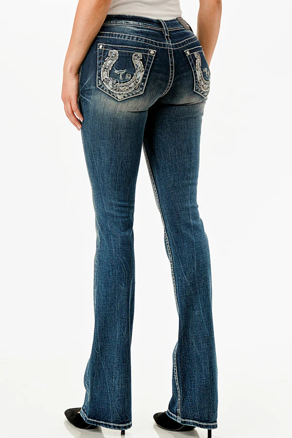 Grace in LA Wmns Dark Wash Easy Fit Paisley Embroidery Inset Horseshoe Bootcut