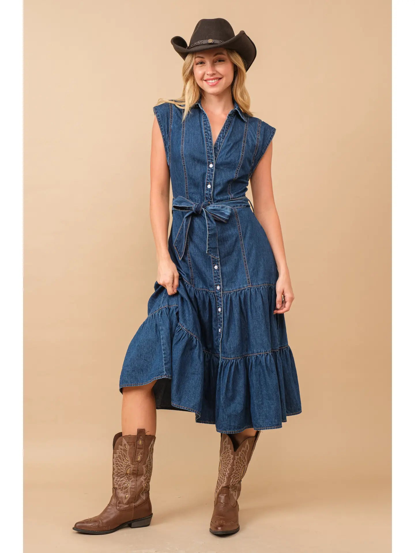 Belted Button Up Tiered Denim Midi Dress