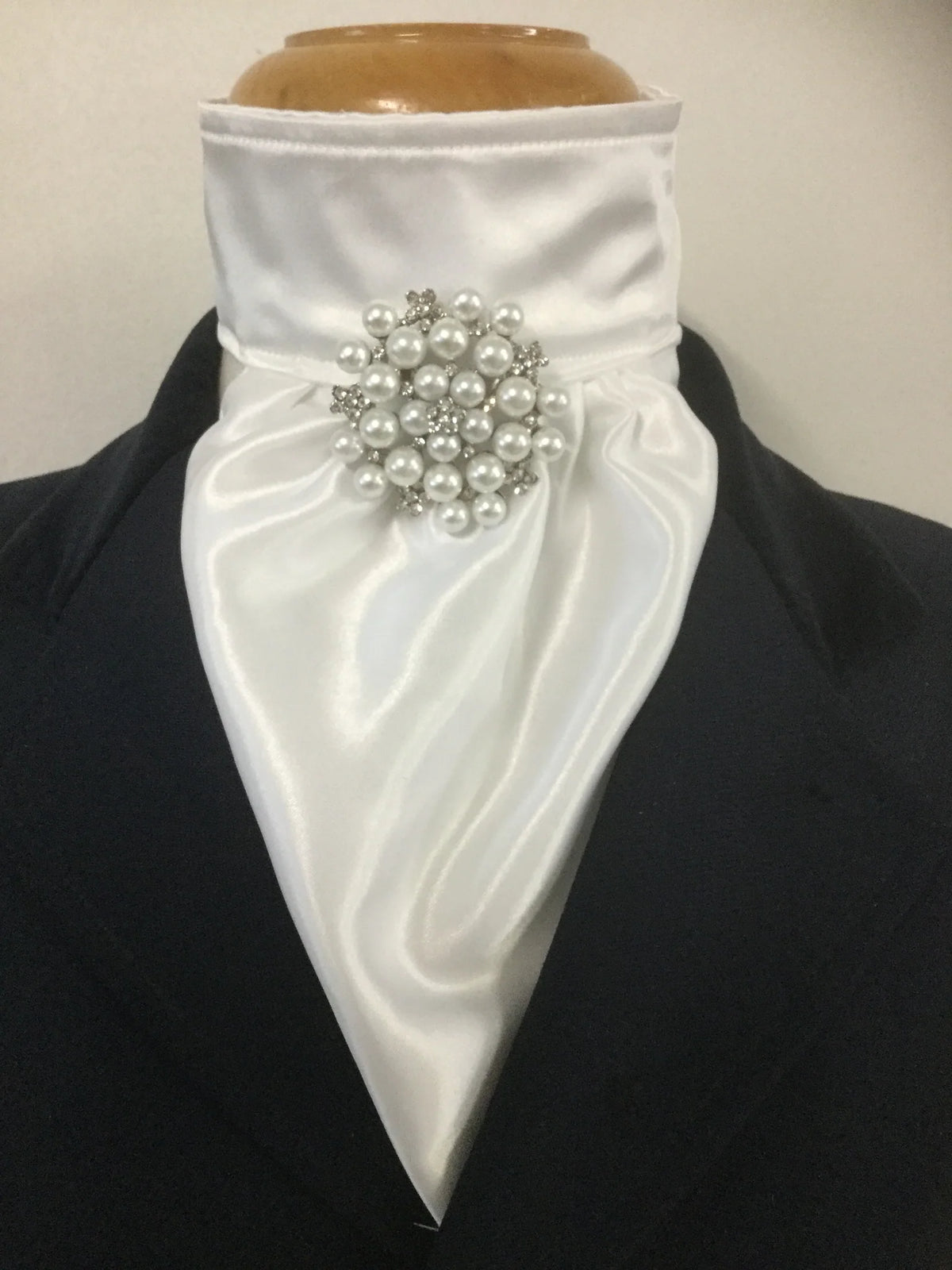 Heavenly Horse Design White Satin Dressage Euro Stock Tie Tilly with Pearls