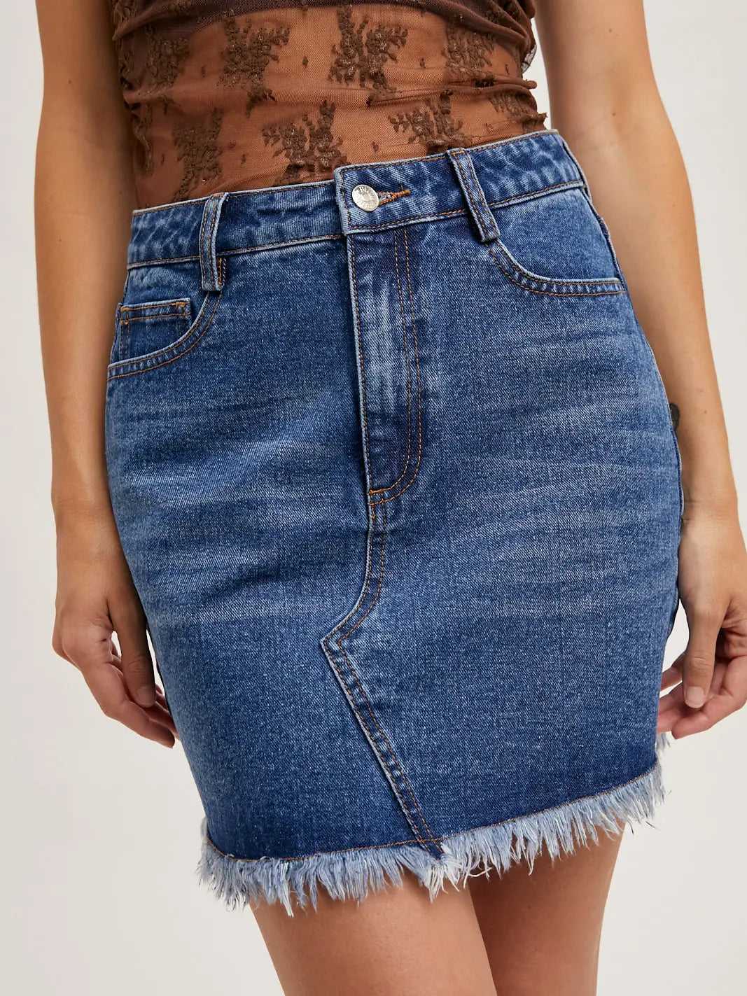 Denim Raw Hem Mini Skirt High Waist