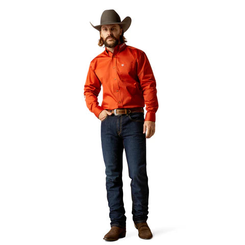 Ariat Mns Team Logo Twill Long Sleeve Shirt Dark Orange/White