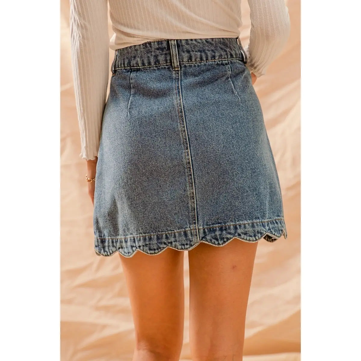 Scalloped Buttoned Front Denim Skirt