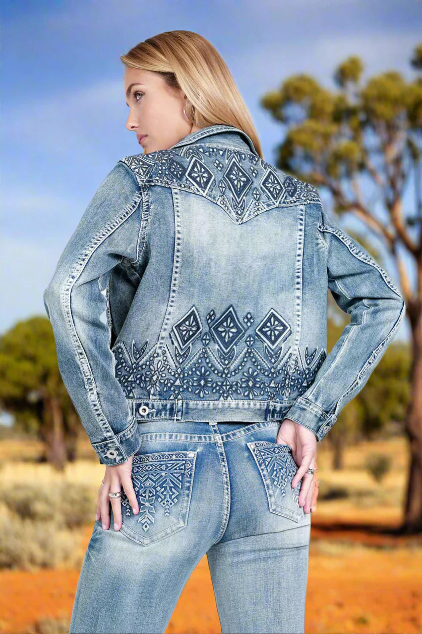 Grace in LA Wmns Western Aztec and Rhinestone Jean Jacket - Winter Black Friday Sale