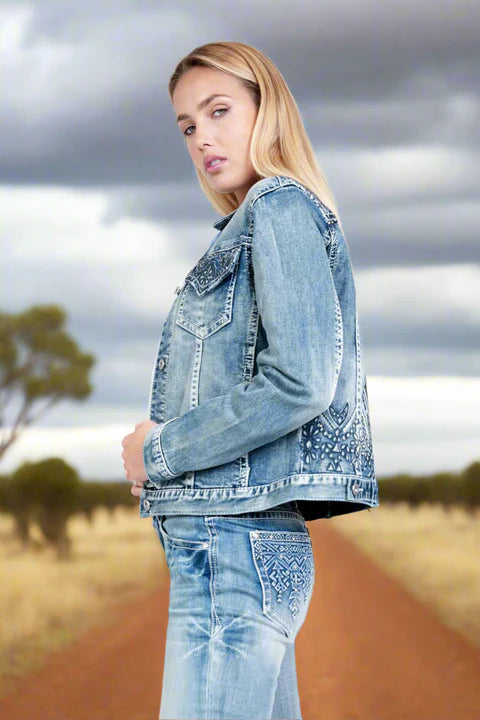 Grace in LA Wmns Western Aztec and Rhinestone Jean Jacket - Winter Black Friday Sale