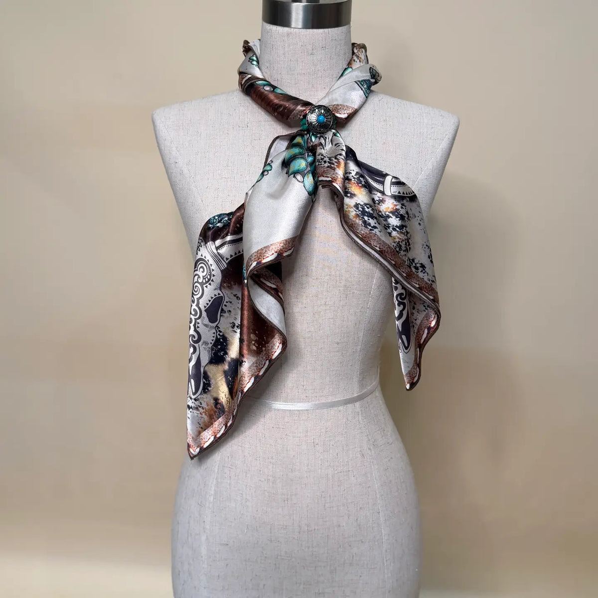 Western Longhorn Turquoise Print Silk Scarf