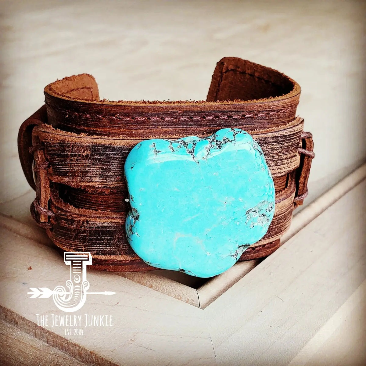 Leather Wide Cuff with Blue Turquoise Slab
