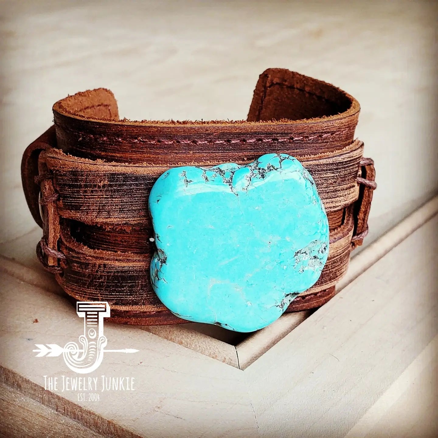 Leather Wide Cuff with Blue Turquoise Slab