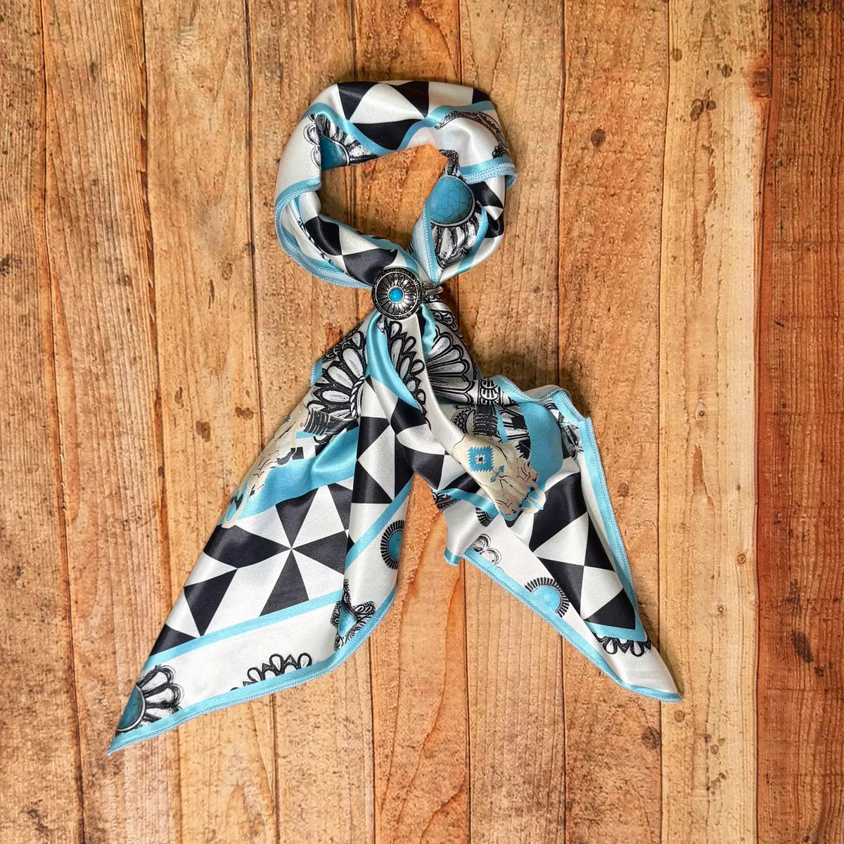 Turquoise Concho Longhorn Print Square Silk Rag