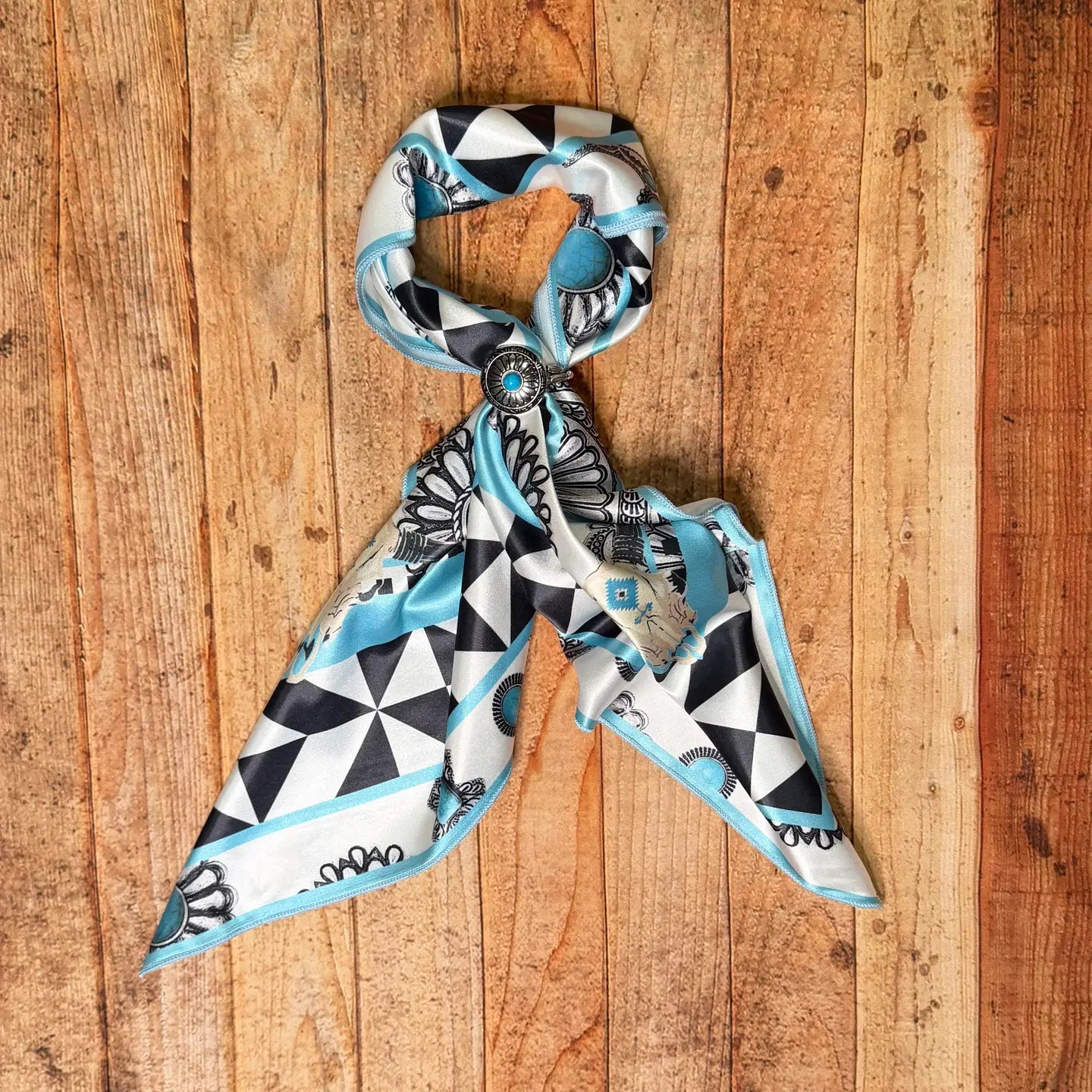 Turquoise Concho Longhorn Print Square Silk Rag