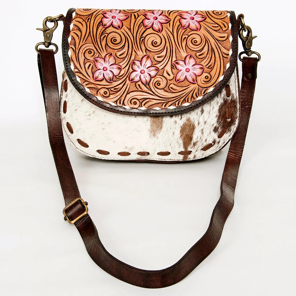 American Darling Messenger Bag Floral Hand Tooled Leather and Hair on Hide