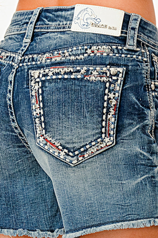 Grace in LA Americana Border Embroidery Mid Rise Shorts