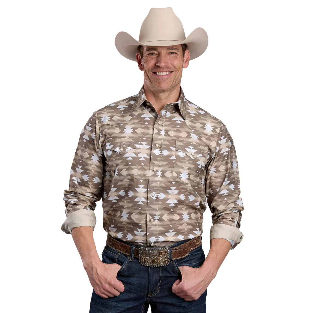 Roper Mns West Made Collection LS Shirt Print Brown