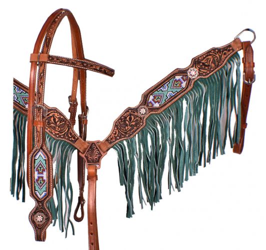 Showman Leather Bridle and Breastplate Set with Beaded Inlay and Turquoise Suede Fringe