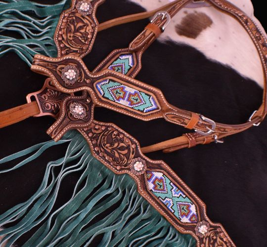 Showman Leather Bridle and Breastplate Set with Beaded Inlay and Turquoise Suede Fringe