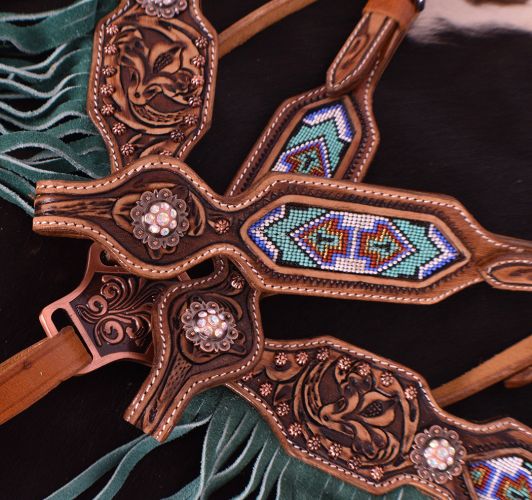 Showman Leather Bridle and Breastplate Set with Beaded Inlay and Turquoise Suede Fringe