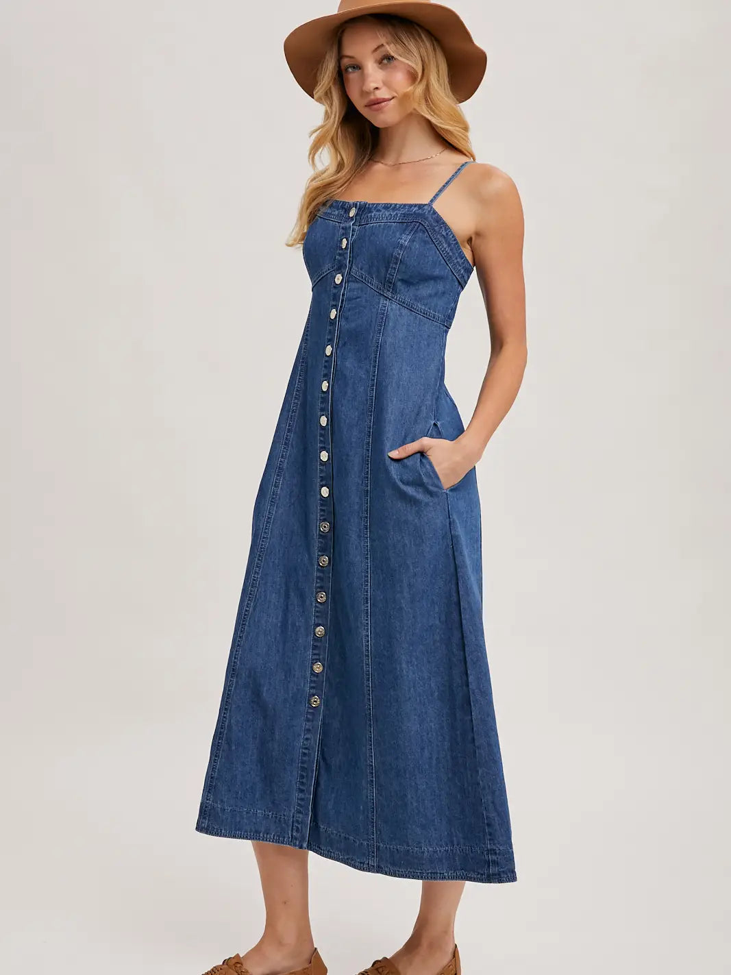 Sleeveless Denim Midi Dress Buton Down