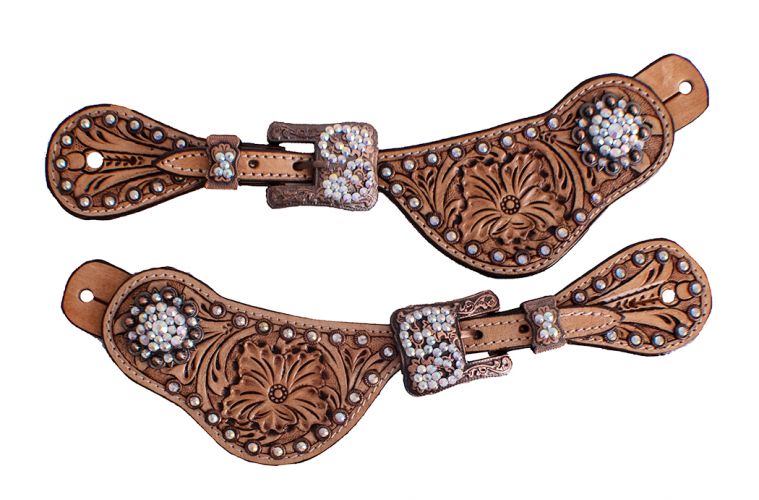 Showman Crystal Rhinestone Spur Straps with Floral Tooling
