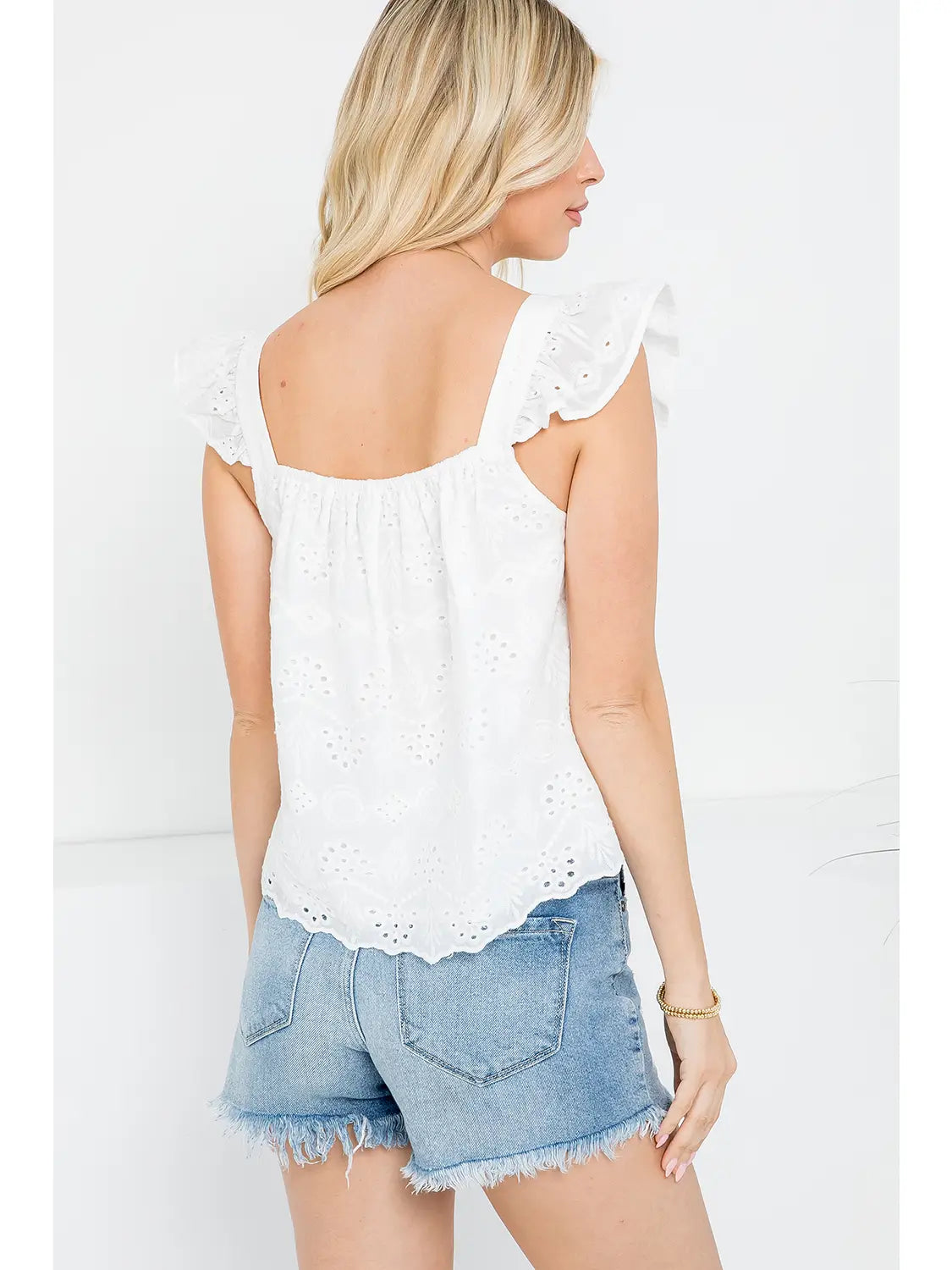 Eyelet Cotton Casual Ruffle Sleeve Top Ivory