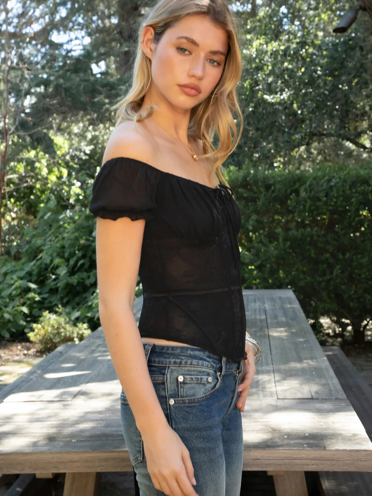 Zolie Pearl Chiffon Lace Corset Short Sleeve Blouse Top