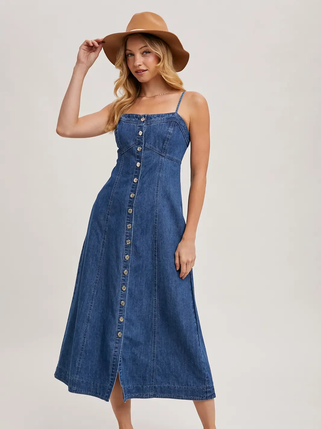 Sleeveless Denim Midi Dress Buton Down