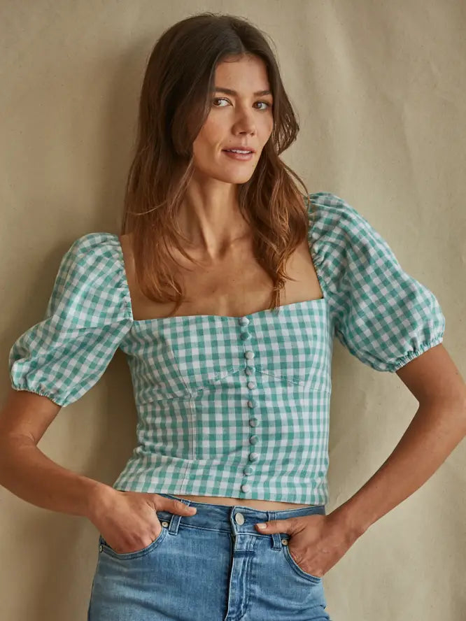 Sweetheart Neckline Linen Checkered Blouse