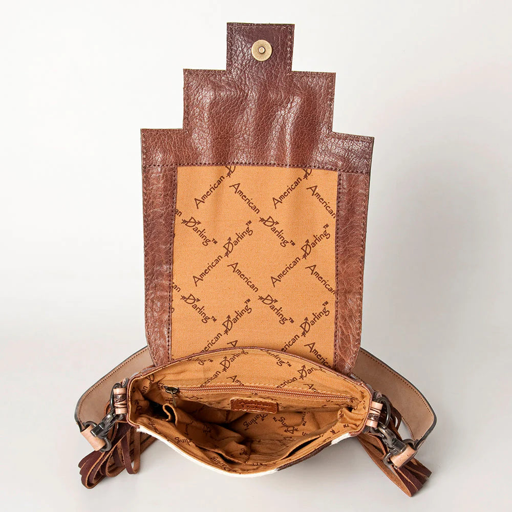 American Darling Western Cowhide and Saddle Blanket Messenger Bag with Hand Tooled Leather and Fringe