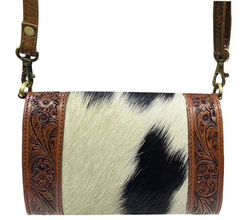 Klassy Cowgirl Leather Crossbody Bag with Black and White Hair on Cowhide