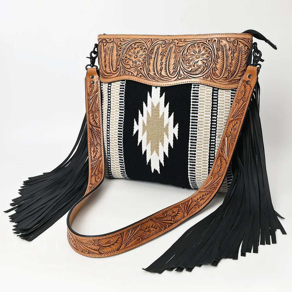 American Darling Saddle Blanket Tooled Fringe Handbag