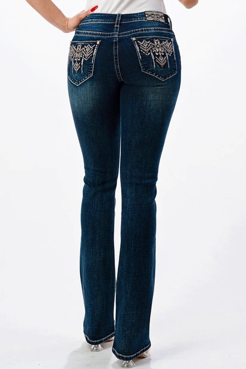 Grace in LA Wmns Easy Fit Embroidered Aztec Pocket Bootcut Jeans