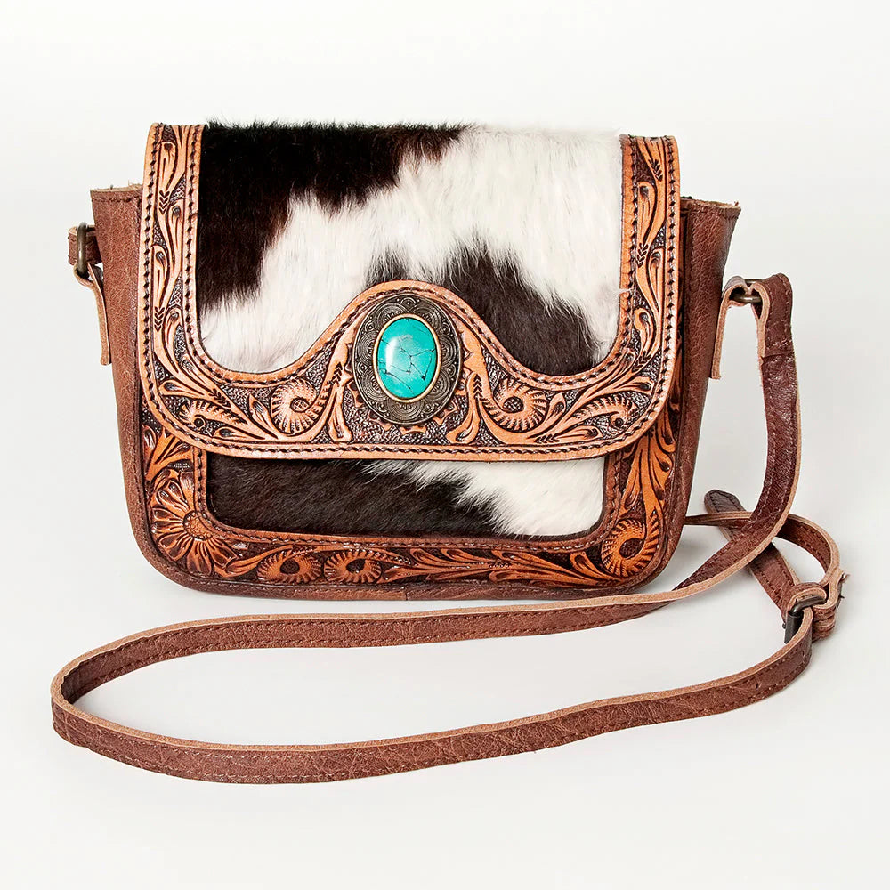 American Darling Tooled Leather Crossbody Bag with Cowhide and Turquoise Accent