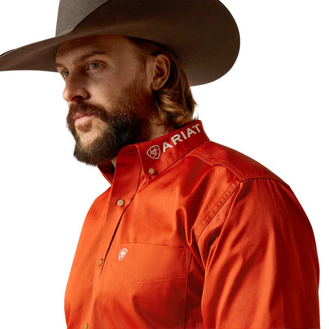 Ariat Mns Team Logo Twill Long Sleeve Shirt Dark Orange/White