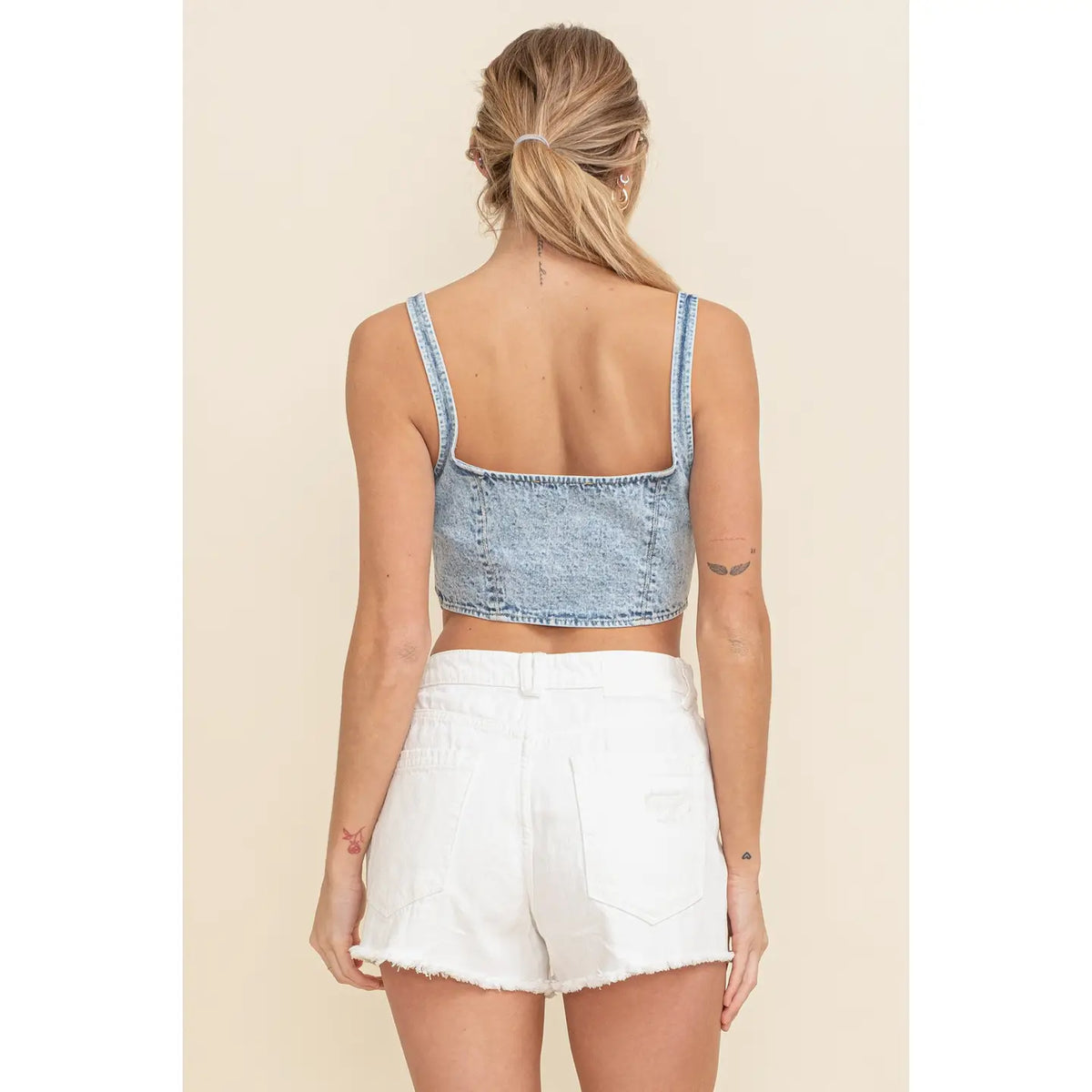 Rhinestone Detail Acid Wash Denim Corset Top