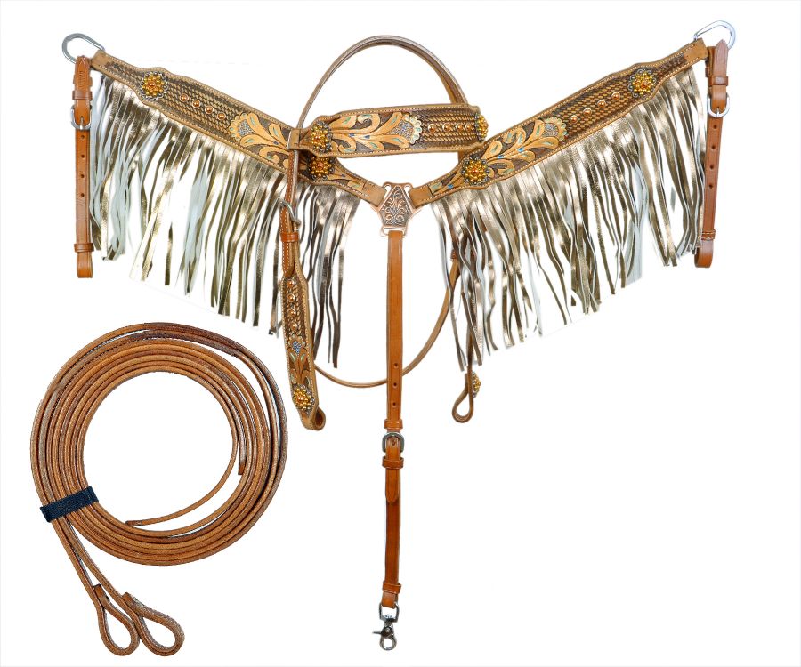 Showman Gold Fringe Tooled Leather Headstall and Breastplate set with Floral Tool Pained Accents