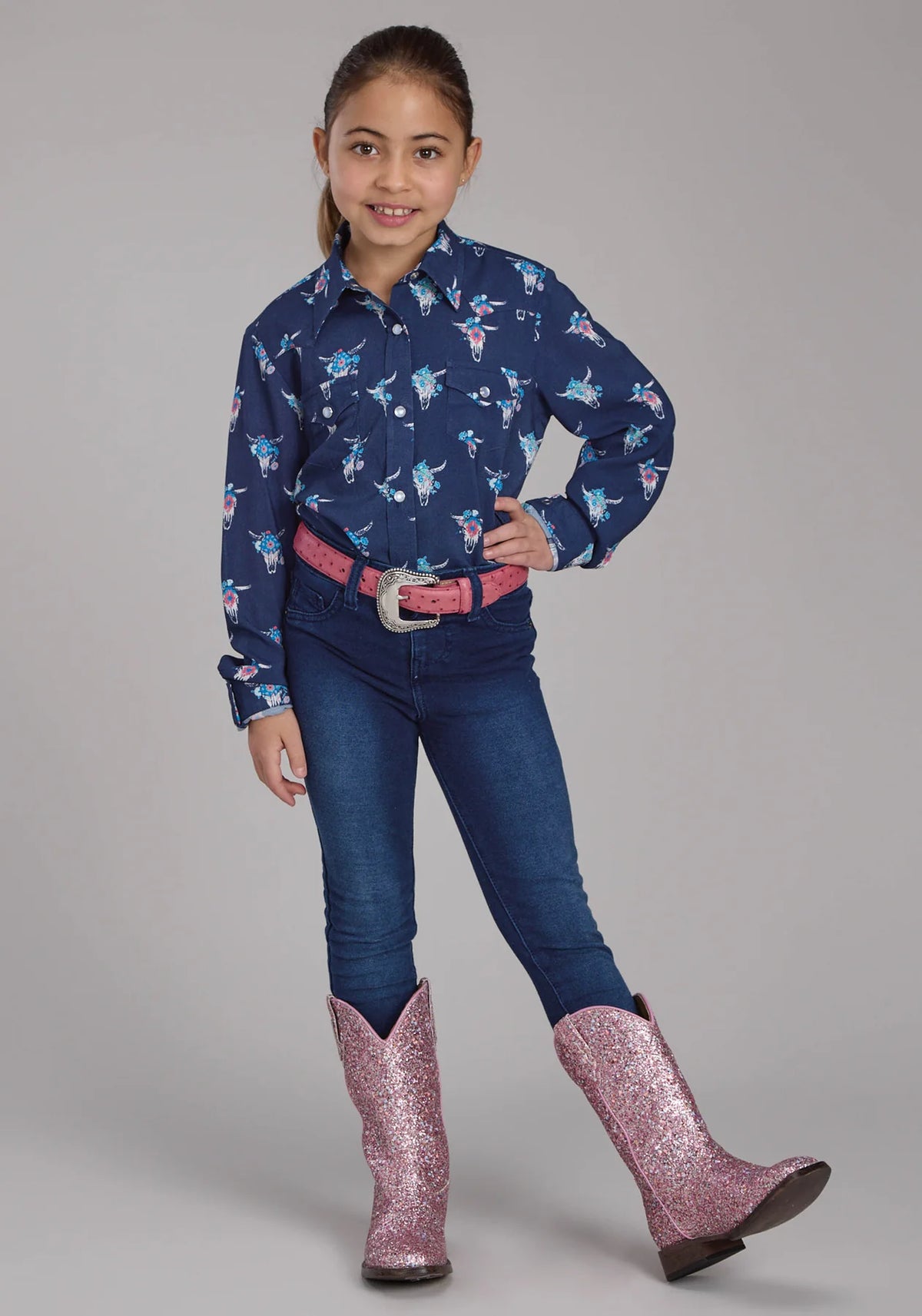 Roper Girls Five Star Collection LS Shirt Print Blue