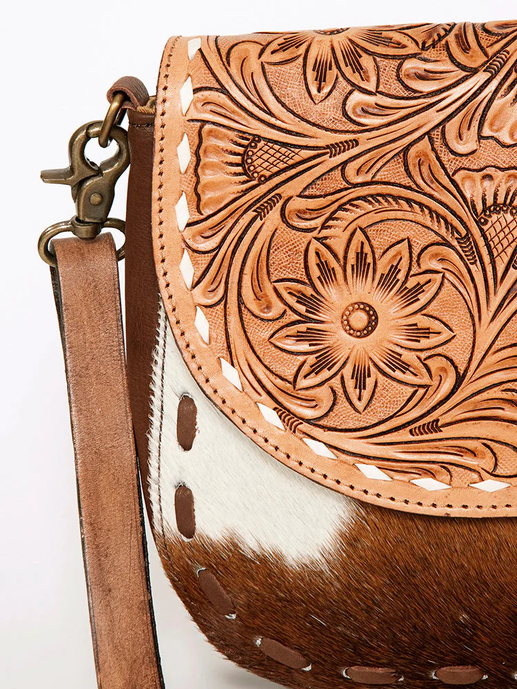 American Darling Messenger Bag Floral Hand Tooled Leather and Hair on Hide
