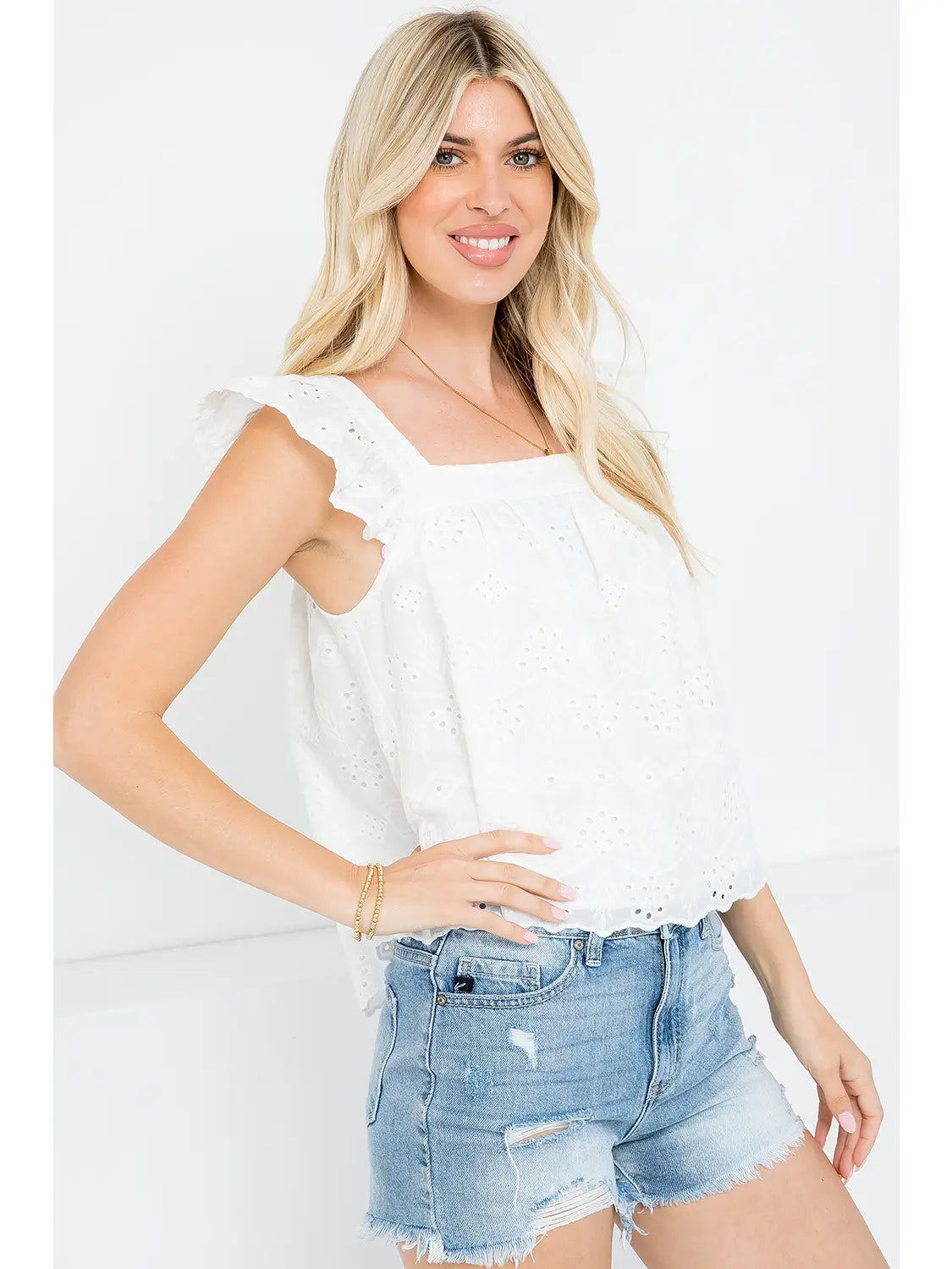 Eyelet Cotton Casual Ruffle Sleeve Top Ivory