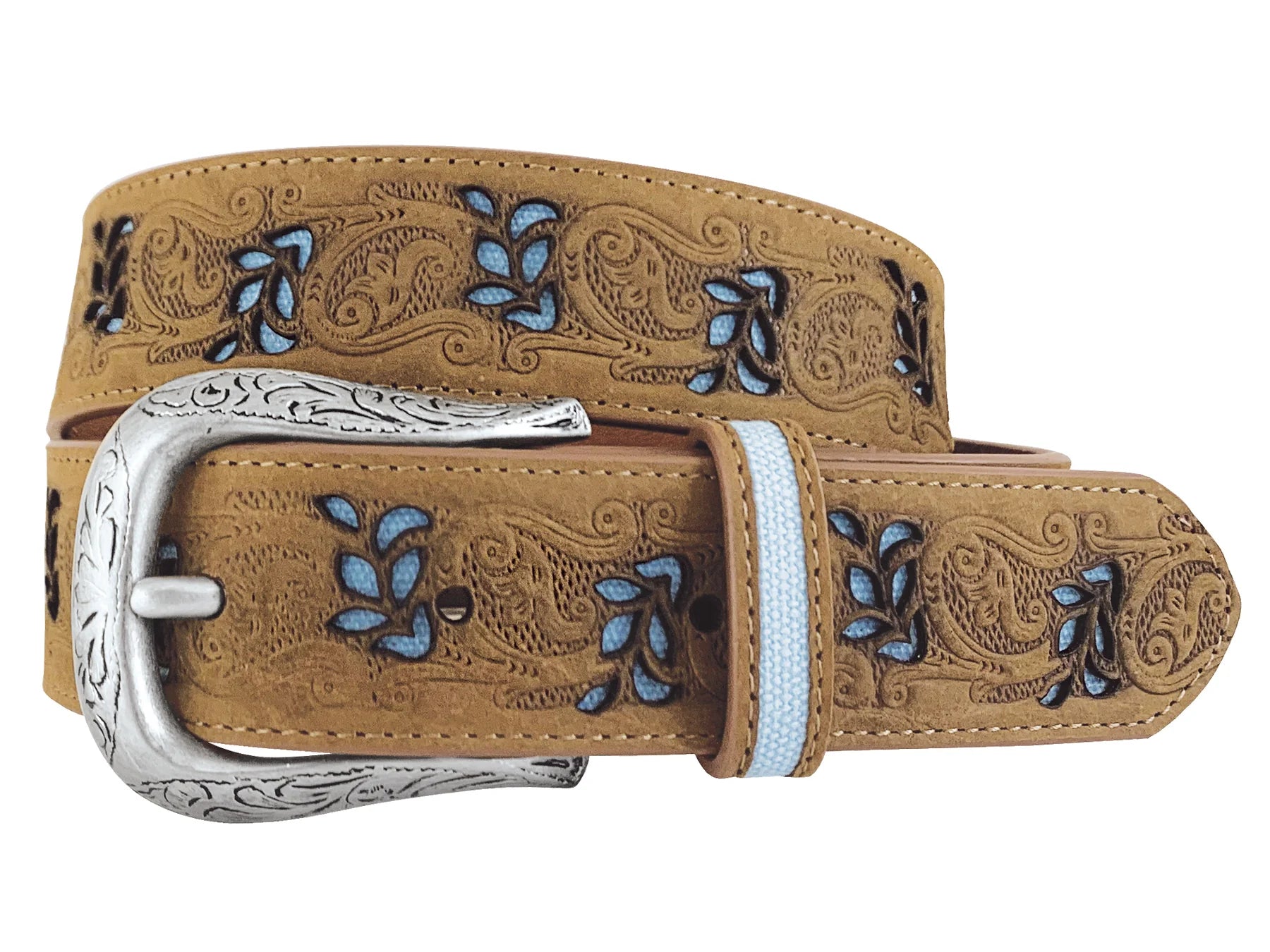 Roper Wmns Belt 1.5in Distressed Leather Floral Emboss/Cut Outs Brown
