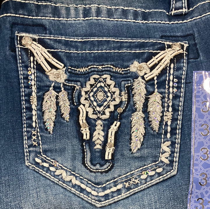 Grace in LA Harlequin Sequin Feathered Longhorn Mid Rise Bootcut Jeans