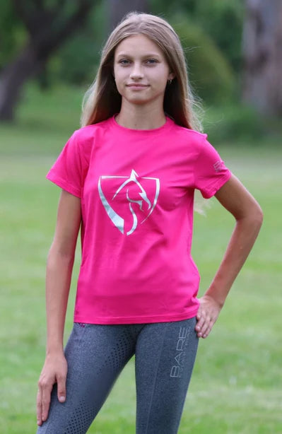Youth BARE Silver Logo T Shirt - Dark Pink