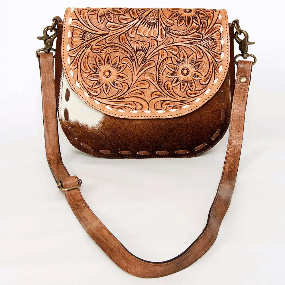 American Darling Messenger Bag Floral Hand Tooled Leather and Hair on Hide