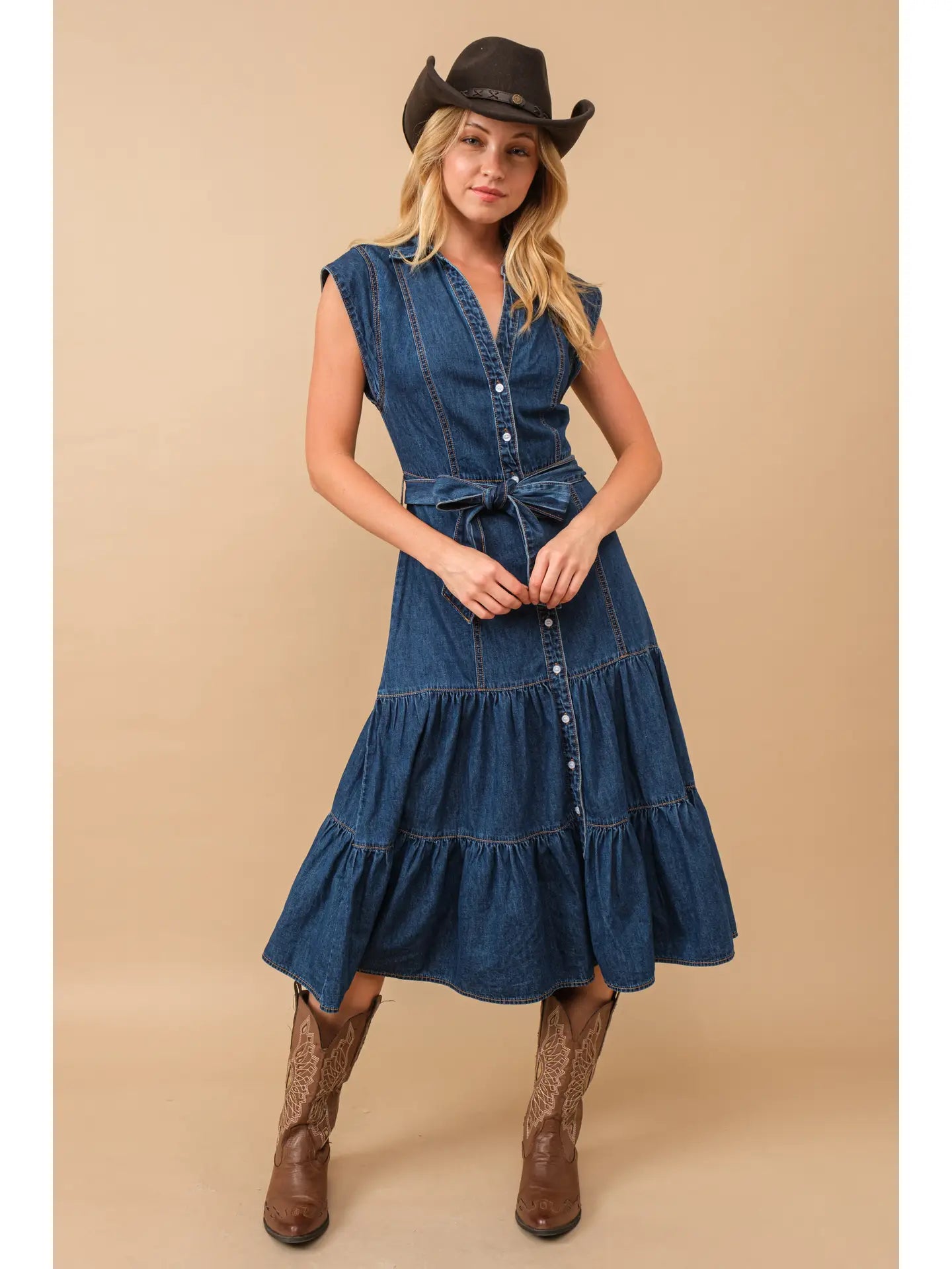 Belted Button Up Tiered Denim Midi Dress