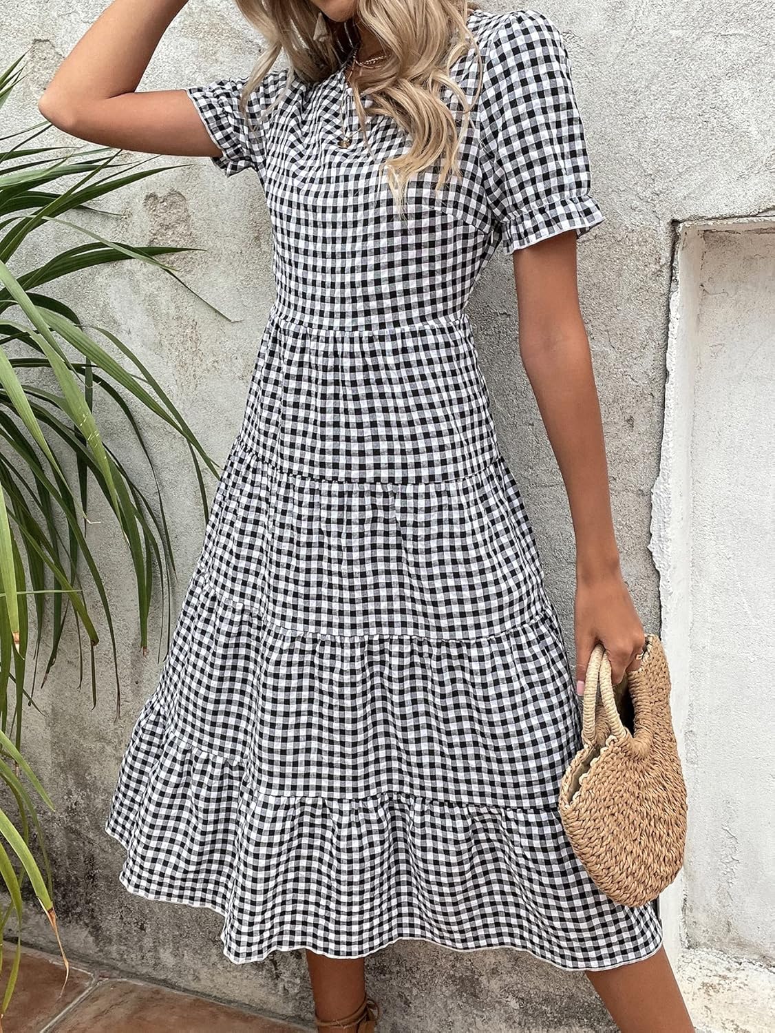 Gingham Puff Sleeve Ruffle Hem Smock Dress Black