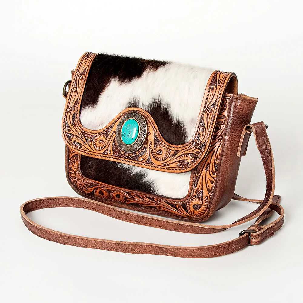 American Darling Tooled Leather Crossbody Bag with Cowhide and Turquoise Accent