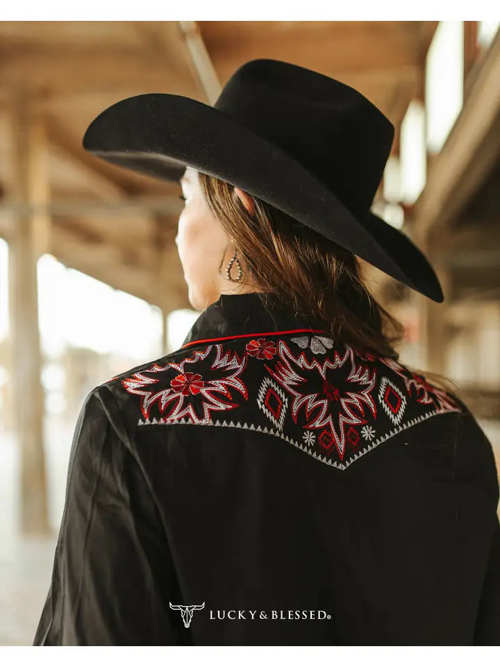 Black Aztec Embroidered Western Yoke Pearl Snap Top