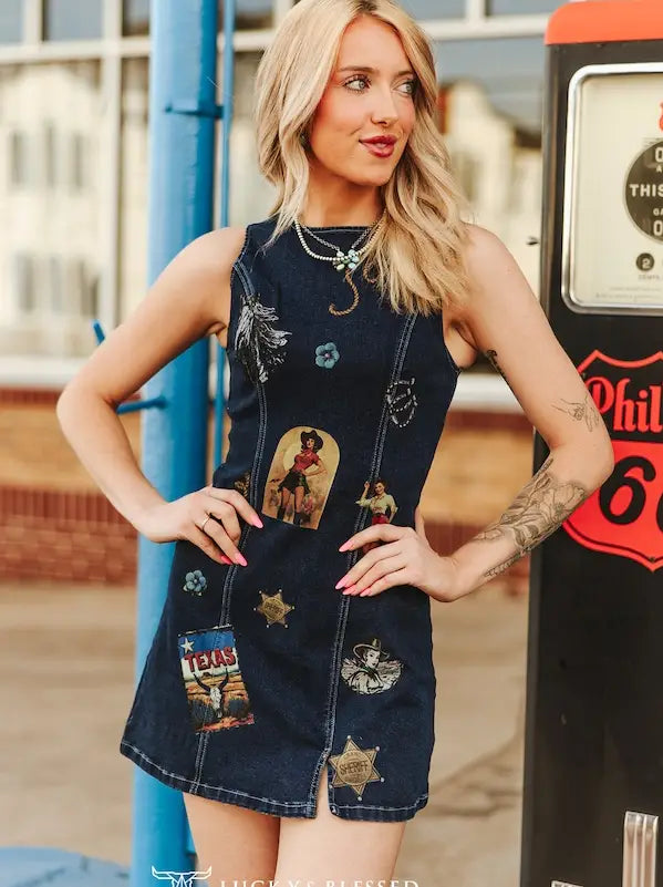 Dark Wash Stretch Denim Sleeveless Printed Western Dress