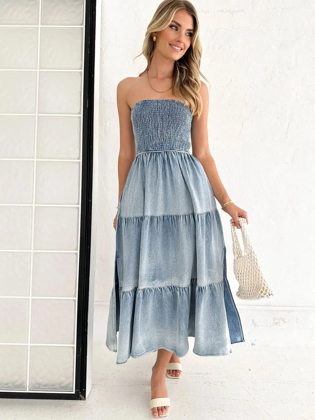 Off Shoulder Hem Slit Jean Dress