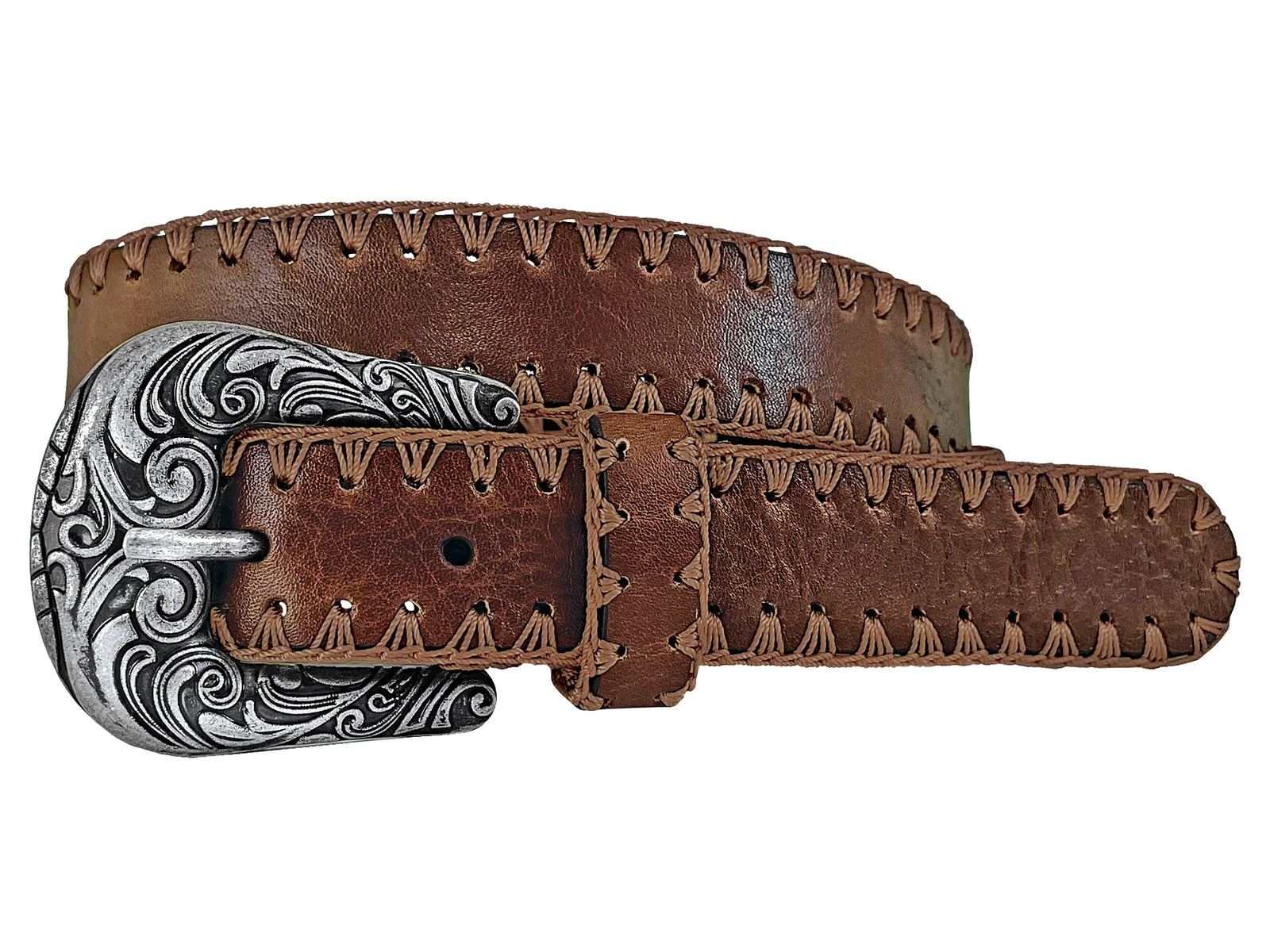 Roper Wmns Belt 1.25in Leather with Chrochet Edges Brown