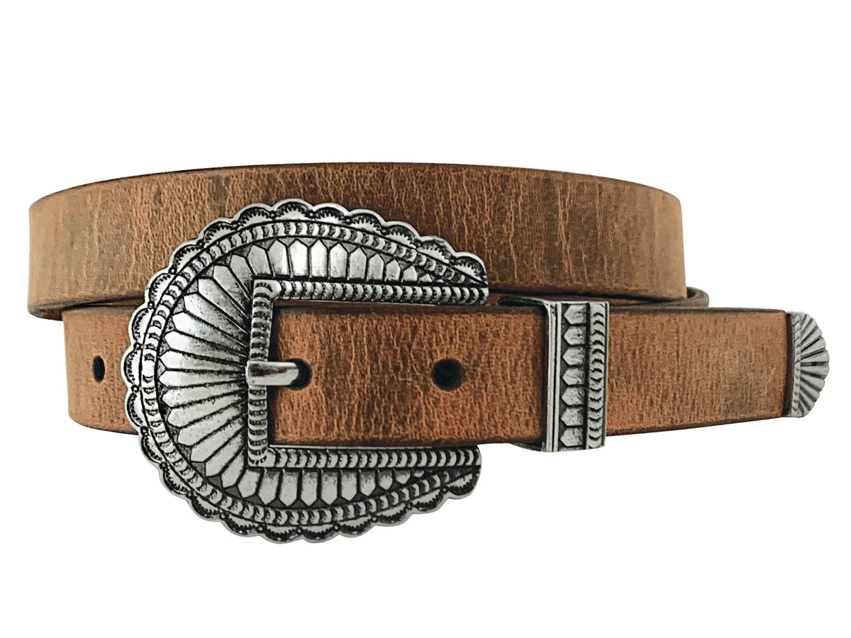 Roper Wmns Belt 1.25in Distressed Leather with 3 Piece Buckle Brown