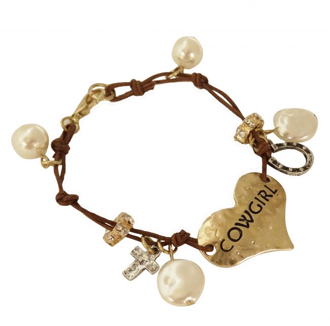 Cowgirl Gold Heart Bracelet with Pearl Charms