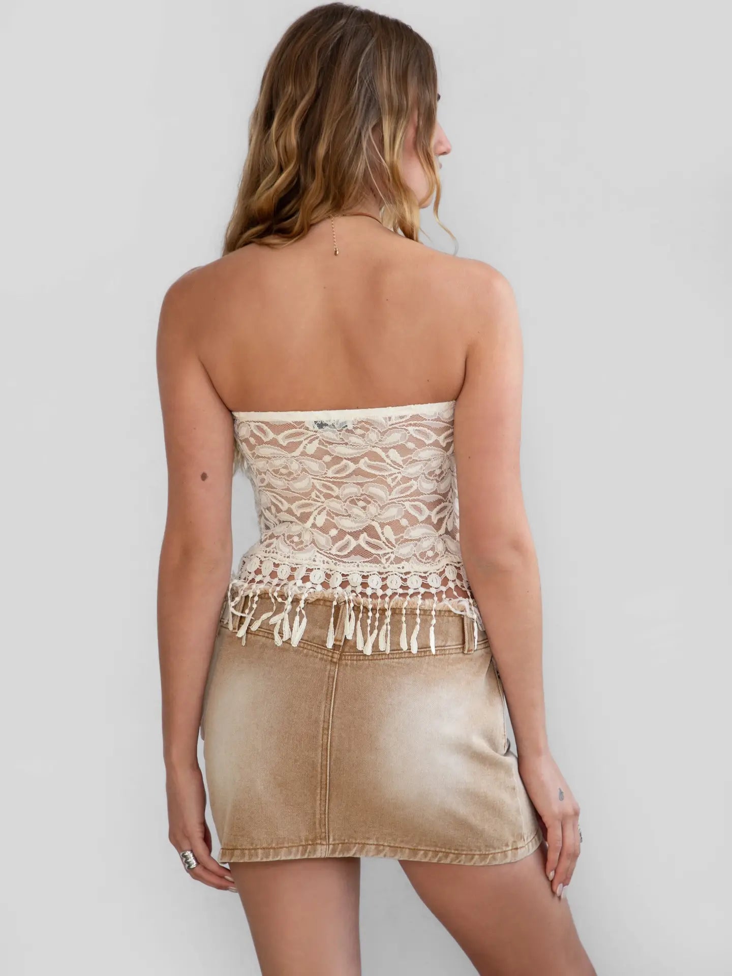 Wilder Floral Lace Fringe Strapless Bandeau Top